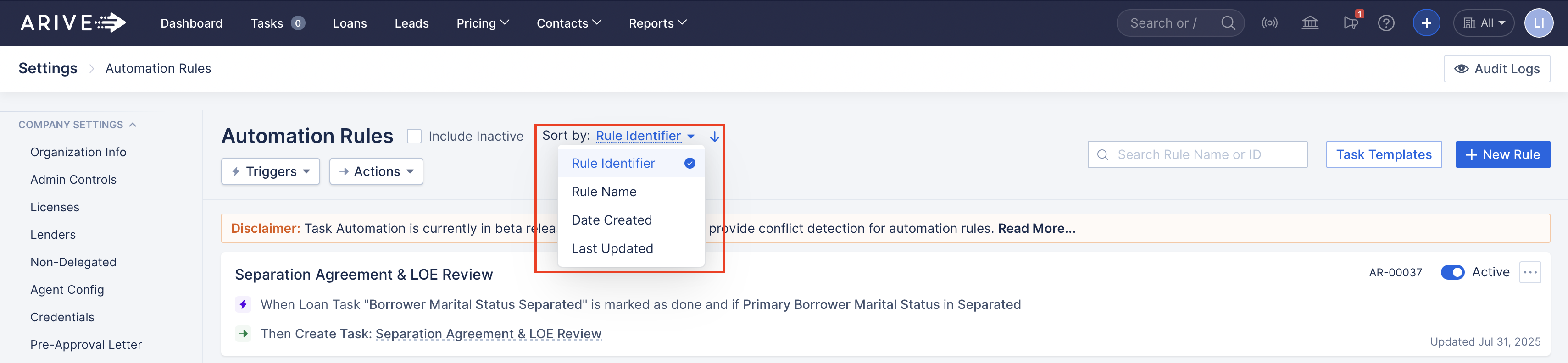 Automation Rules screen in ARIVE with the Sort by dropdown open, showing options to sort automation rules by Rule Identifier, Rule Name, Date Created, or Last Updated.