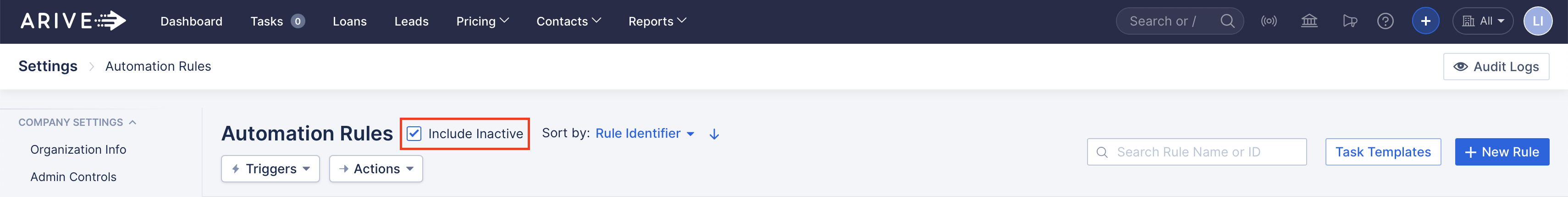 ARIVE Automation Rules screen with the Include Inactive checkbox highlighted. This option allows users to view both active and inactive automation rules.