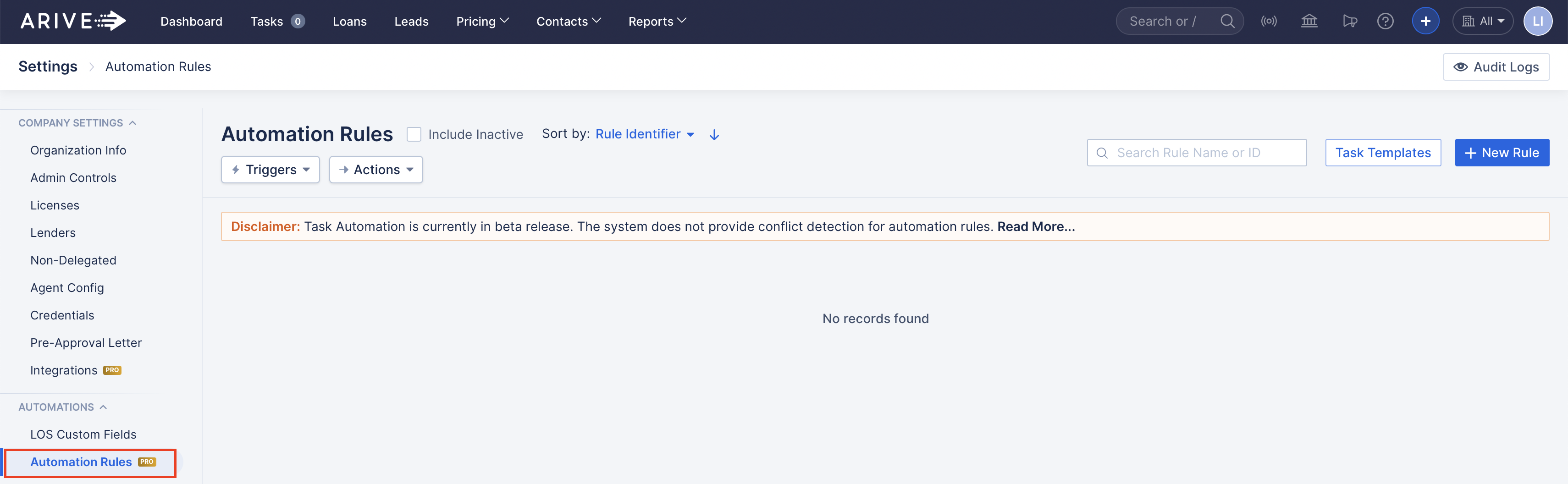ARIVE Automation Rules screen in Company Settings. The Automation Rules tab is highlighted in the left-hand menu, and the + New Rule button is shown in the top-right corner.