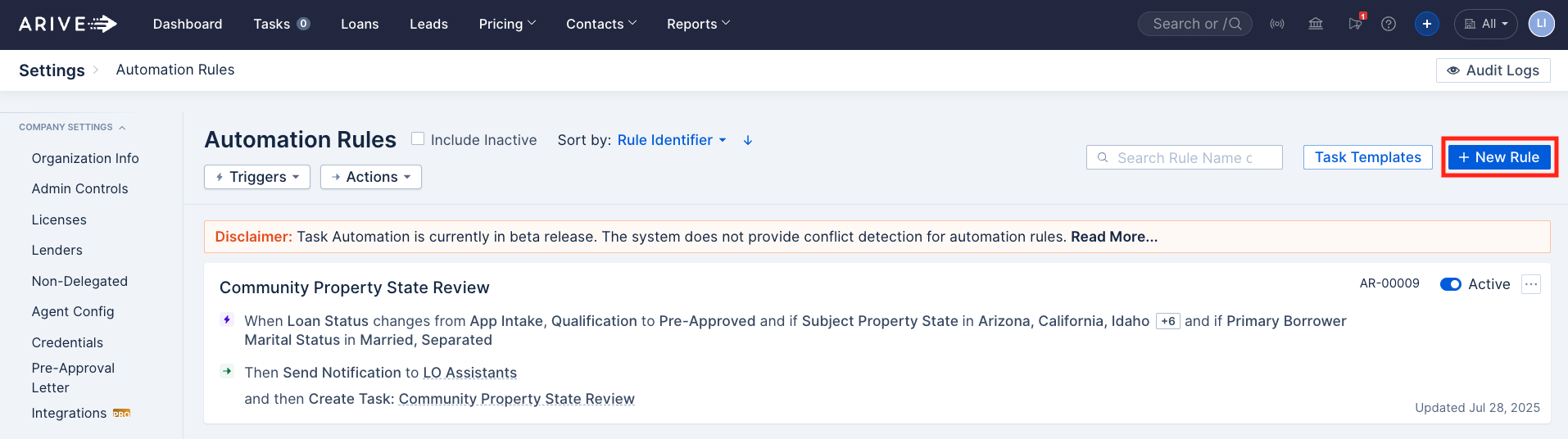 ARIVE Automation Rules screen showing the + New Rule button in the top right to begin creating a new automation rule.