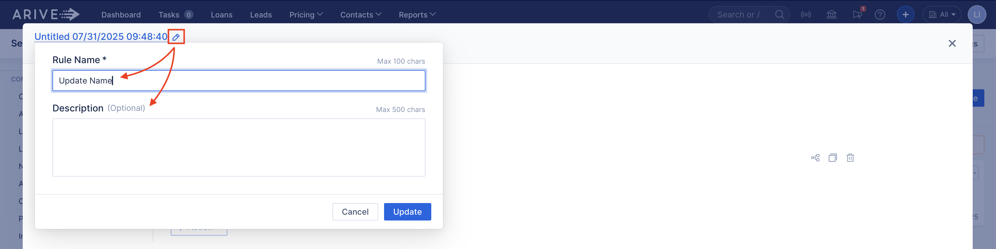 ARIVE automation rule setup screen showing how to rename a rule. The pencil icon is highlighted to indicate where to click to edit the rule name. Arrows point to the Rule Name field being updated and the optional Description field below it.