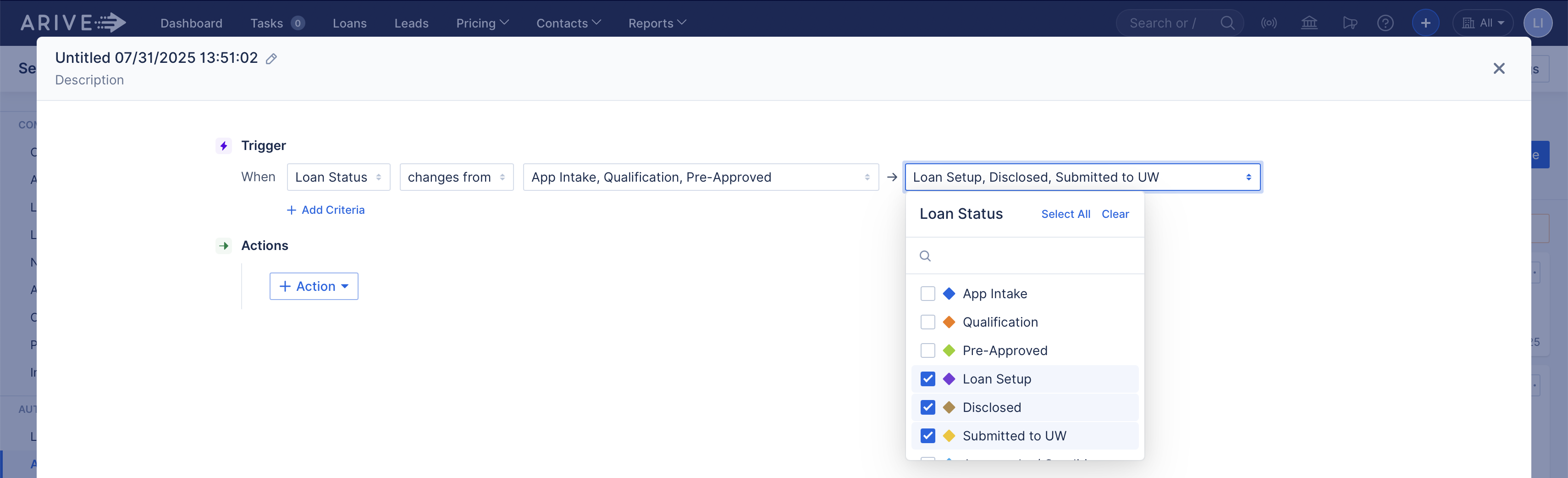 Completed ARIVE automation rule showing Loan Status changes from App Intake, Qualification, or Pre-Approved to Loan Setup, Disclosed, or Submitted to UW.