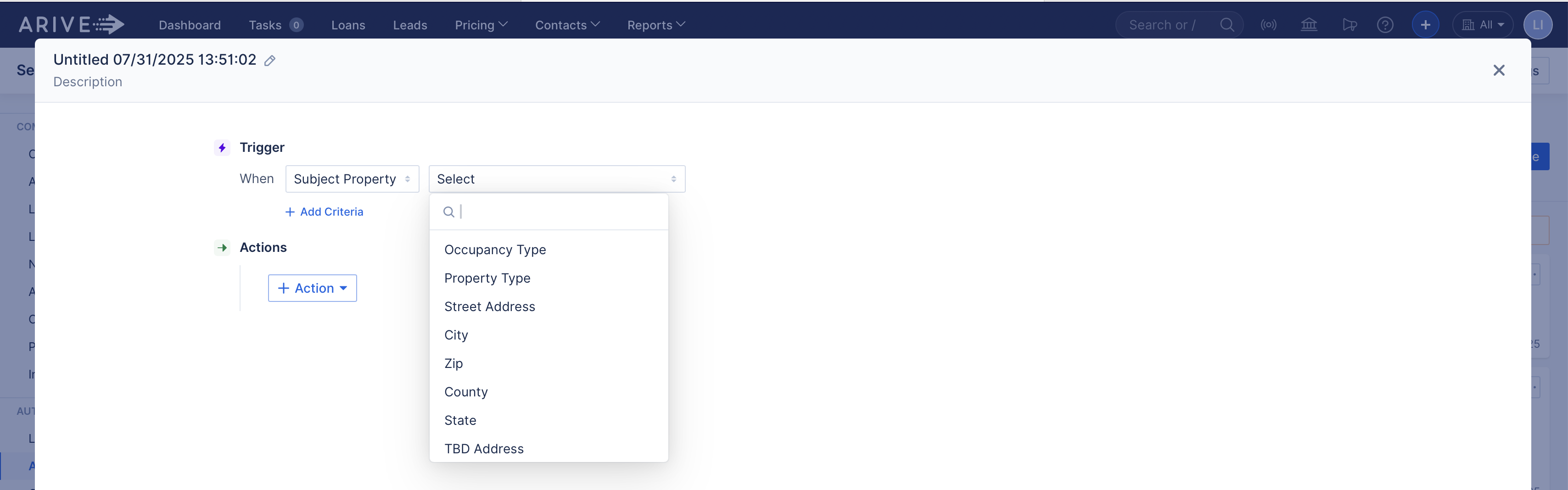Automation rule Trigger set to Subject Property with dropdown expanded. Options include Occupancy Type, Property Type, City, Zip, State, and TBD Address.