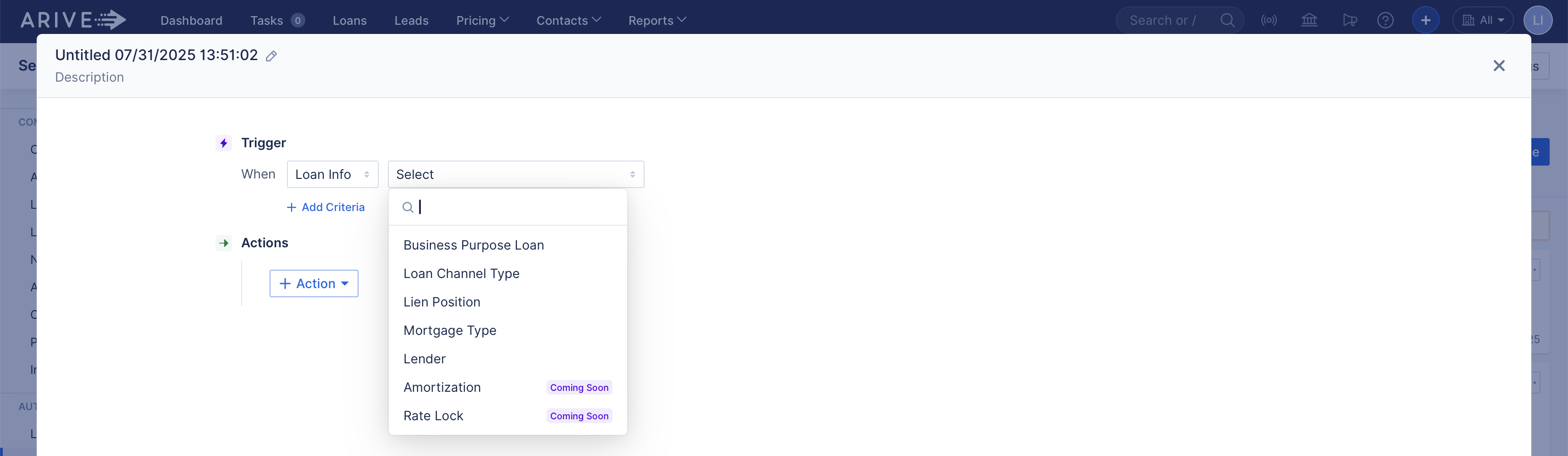 ARIVE automation rule Trigger dropdown with Loan Info selected. Options in the dropdown include: Business Purpose Loan, Loan Channel Type, Lien Position, Mortgage Type, Lender, Amortization (Coming Soon), and Rate Lock (Coming Soon). The search bar in the dropdown is active.