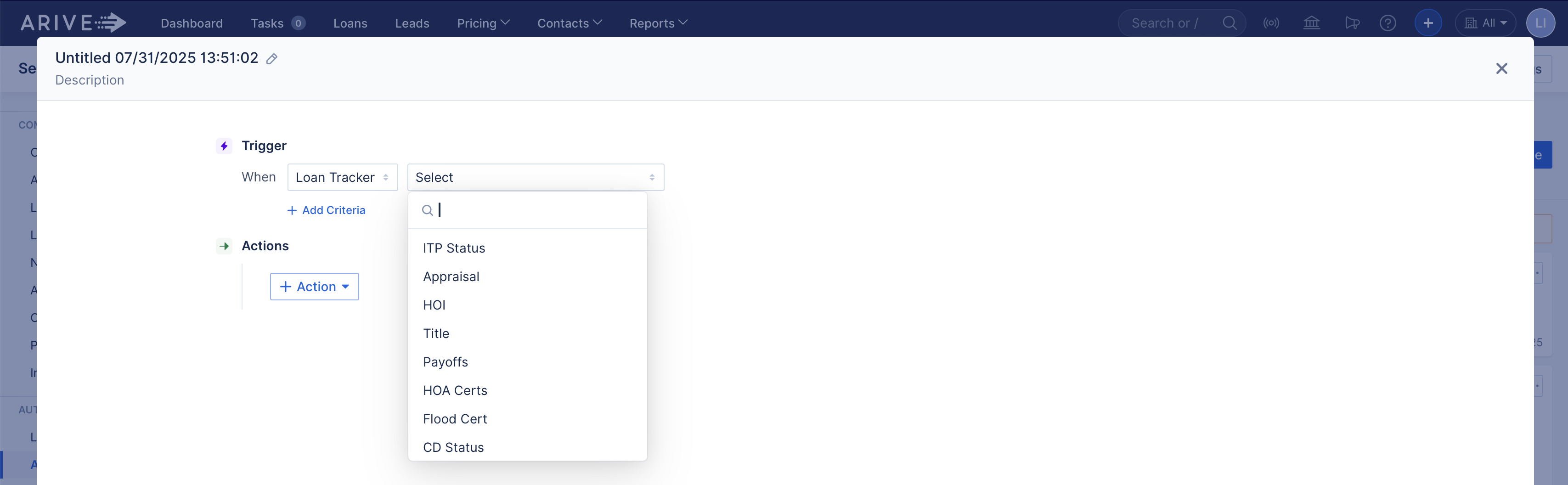 ARIVE automation rule Trigger dropdown with Loan Team selected and available options: Loan Officer, Processor, and Loan Officer Assistant.