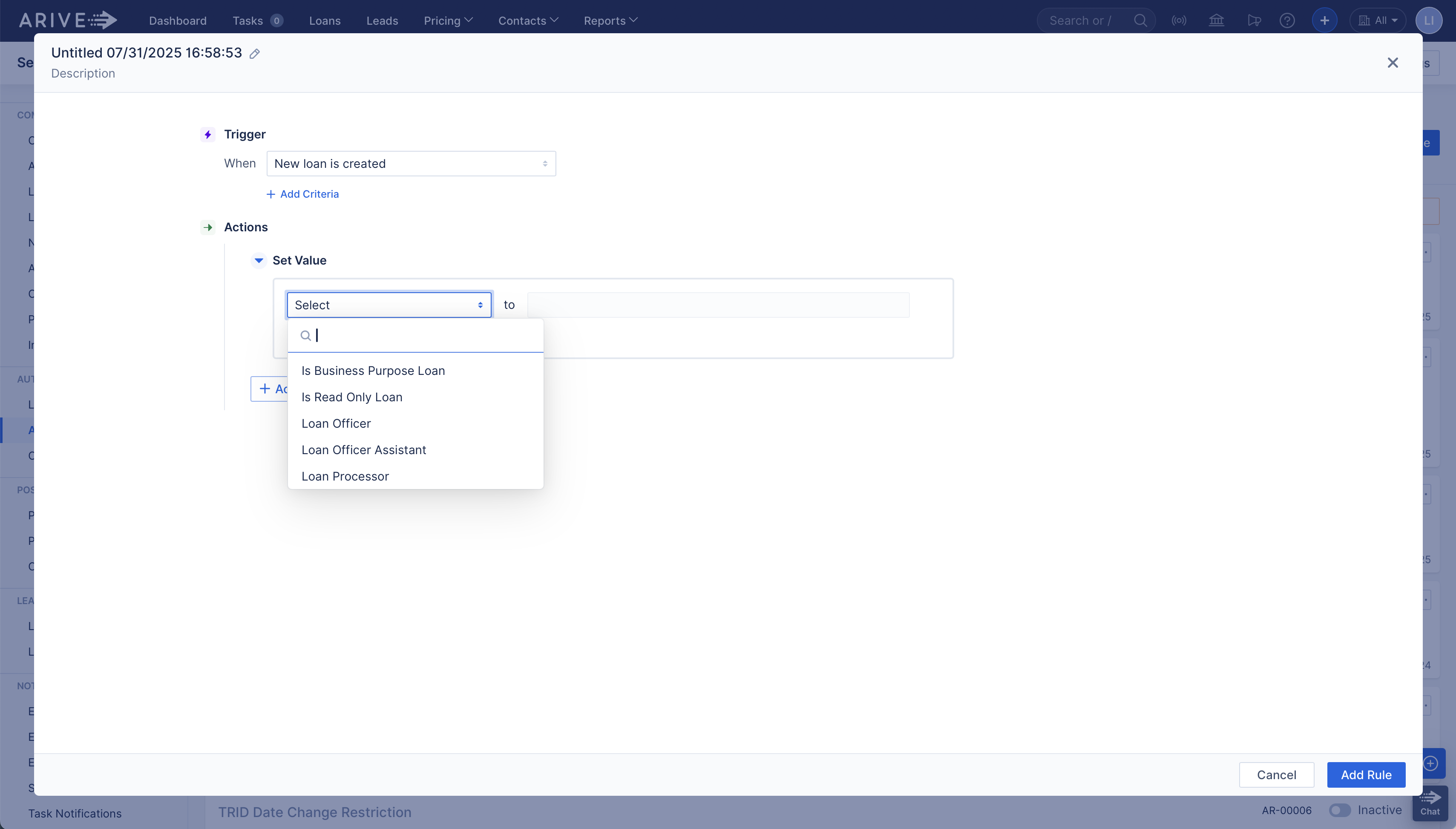 ARIVE automation rule builder with the Set Value action open. The field selection dropdown is expanded, showing options to set a predefined value automatically.