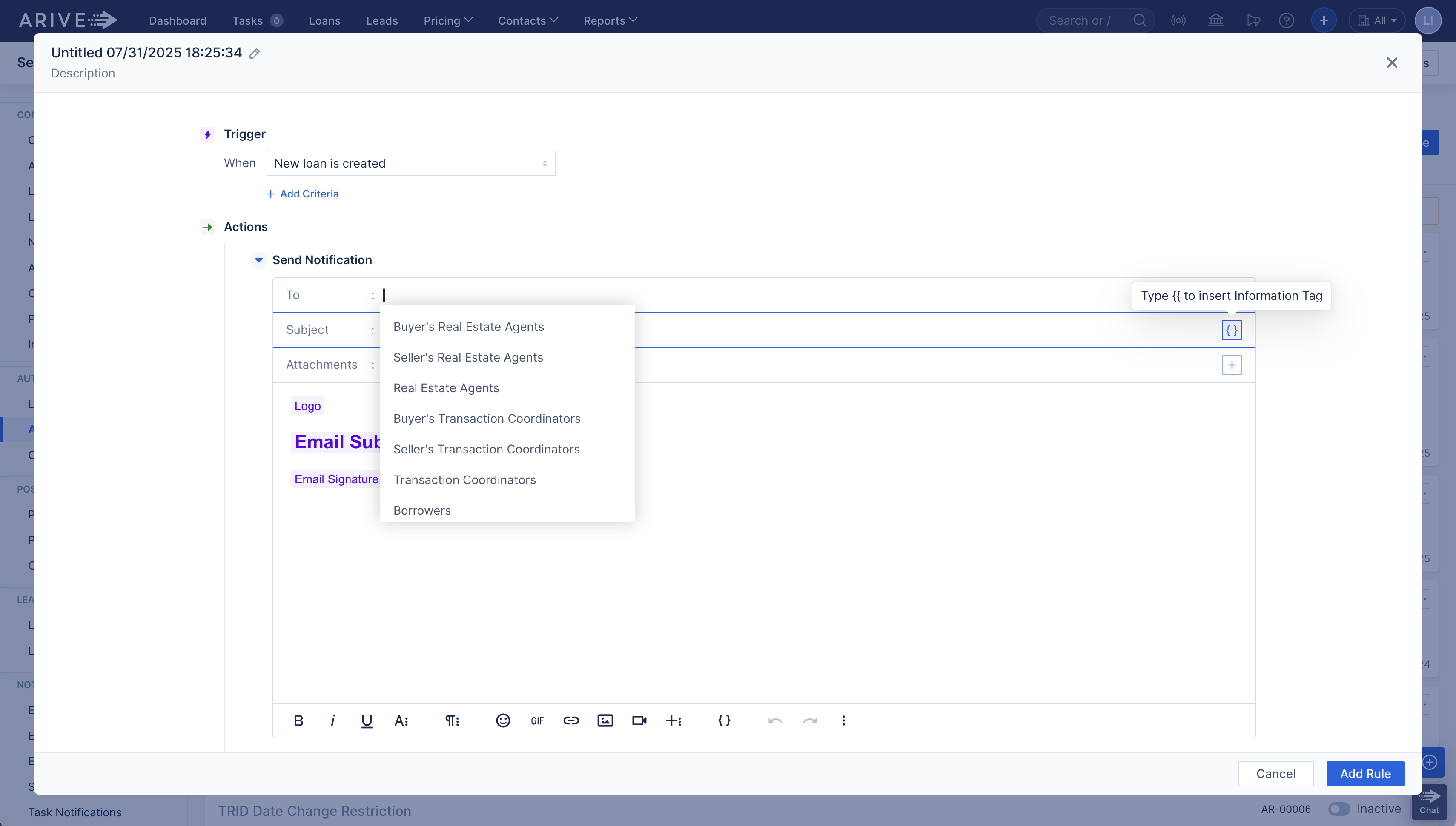 Send Notification action setup with “To” field dropdown expanded with rich text and tag insertion options.