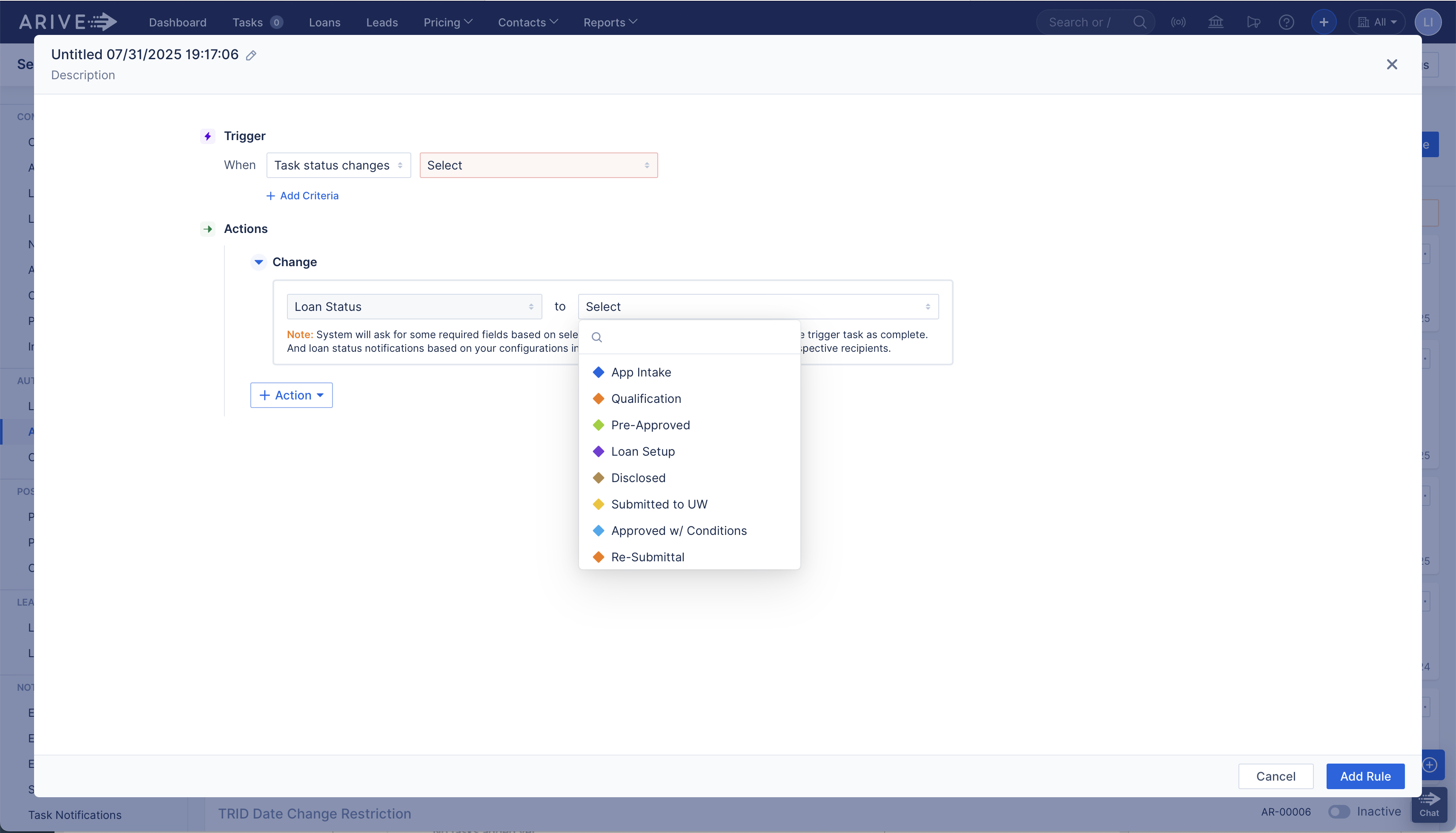 ARIVE automation rule setup with trigger “Task status changes.” The “Change Loan Status” action is selected, showing a dropdown list of loan statuses.