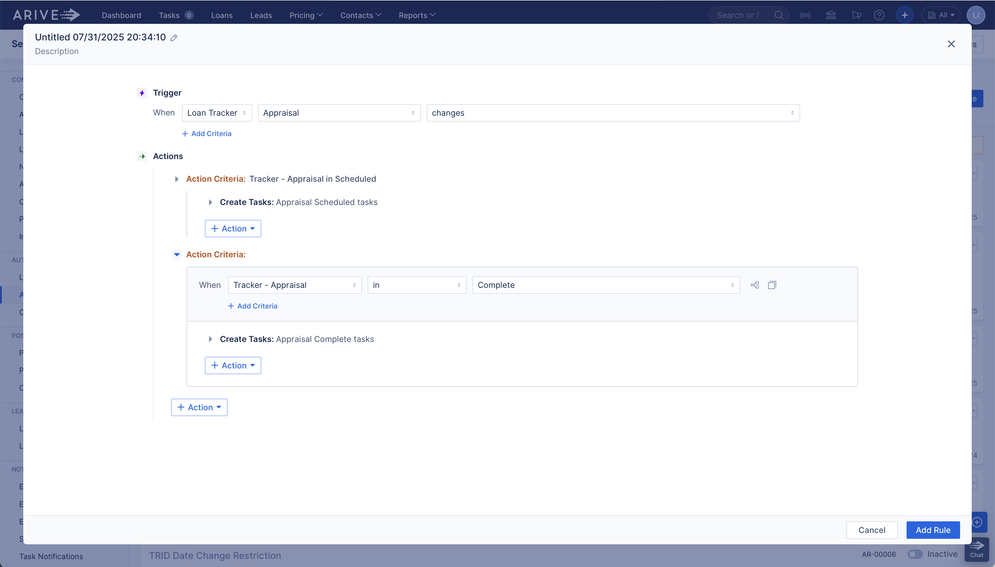 ARIVE automation rule with trigger “Loan Tracker – Appraisal changes.” Two action criteria are shown: one creates Appraisal Scheduled tasks when the tracker is set to “Scheduled,” and the second creates Appraisal Complete tasks when the tracker changes to “Complete.” Each has its own conditional logic and task creation action.