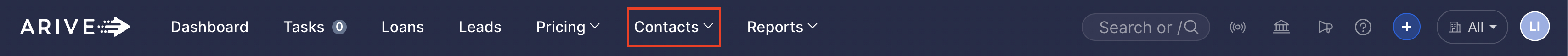 ARIVE navigation bar showing Dashboard, Tasks, Loans, Leads, Pricing, Contacts, and Reports, with the Contacts tab outlined in red to indicate where to click.