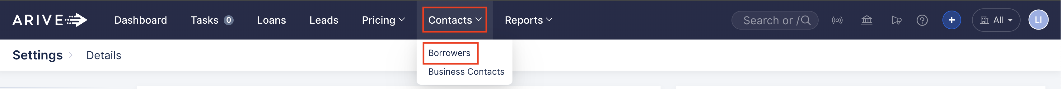 ARIVE navigation bar with the Contacts tab expanded. Borrowers is highlighted in red under the dropdown options, indicating where to click to access borrower contact records.