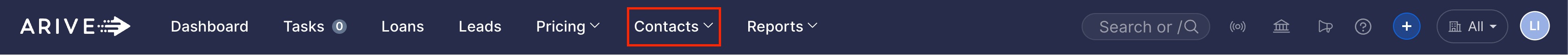 ARIVE navigation bar showing Dashboard, Tasks, Loans, Leads, Pricing, Contacts, and Reports, with the Contacts tab outlined in red to indicate where to click.