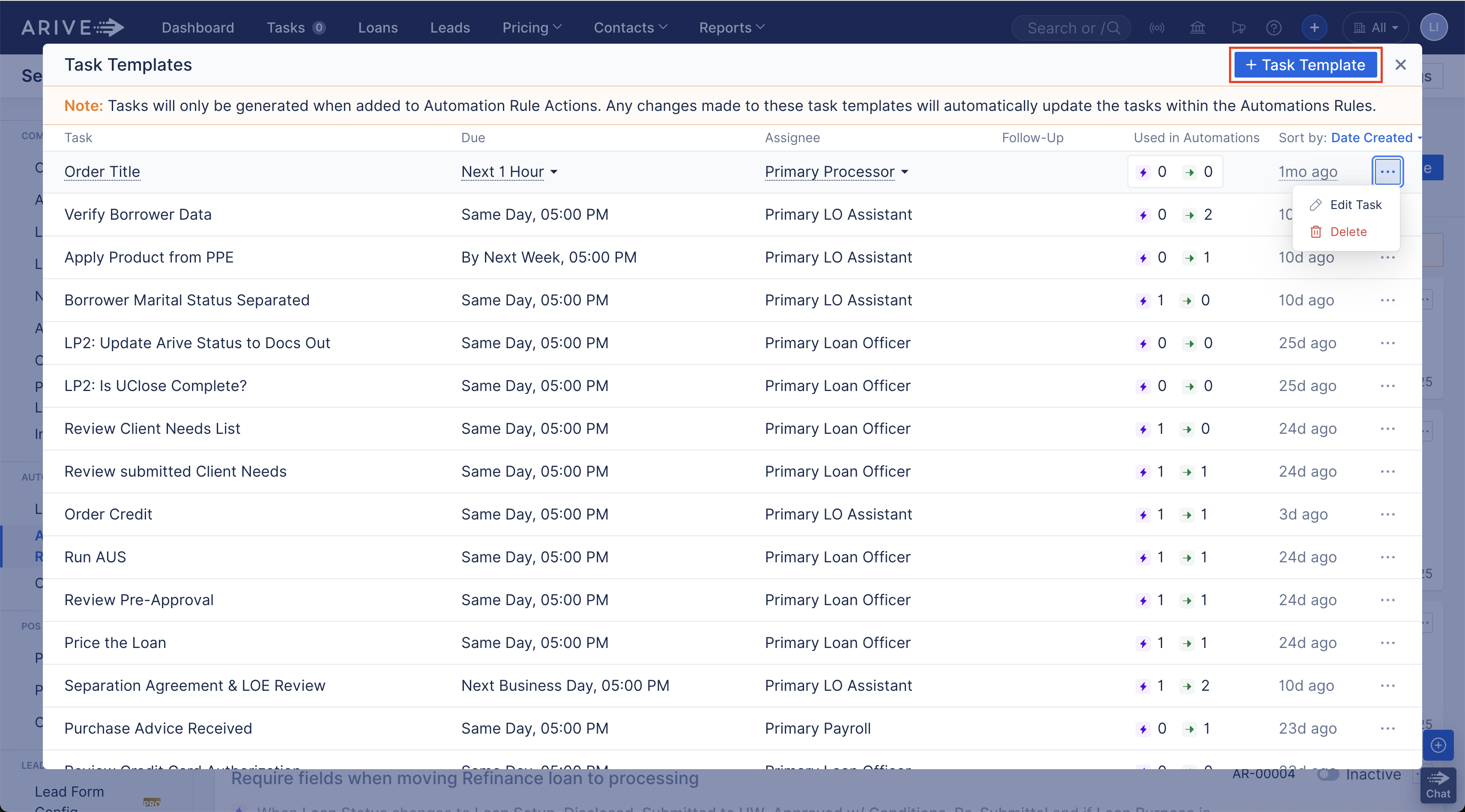 Task Templates window showing a list of tasks, due times, and assignees. A ‘+ Task Template’ button is visible in the top right.