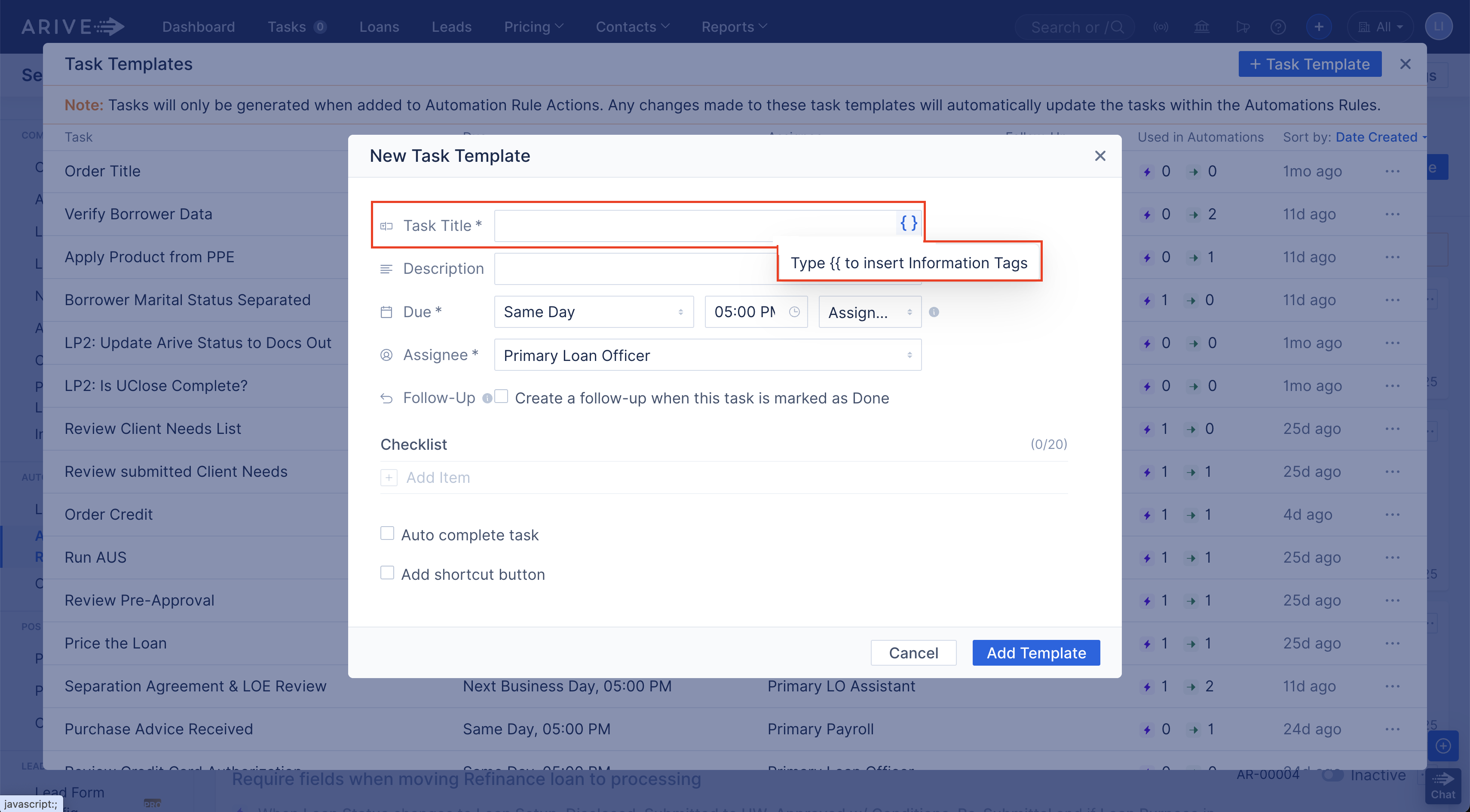 Task Title field highlighted in New Task Template form with information tag info visible.