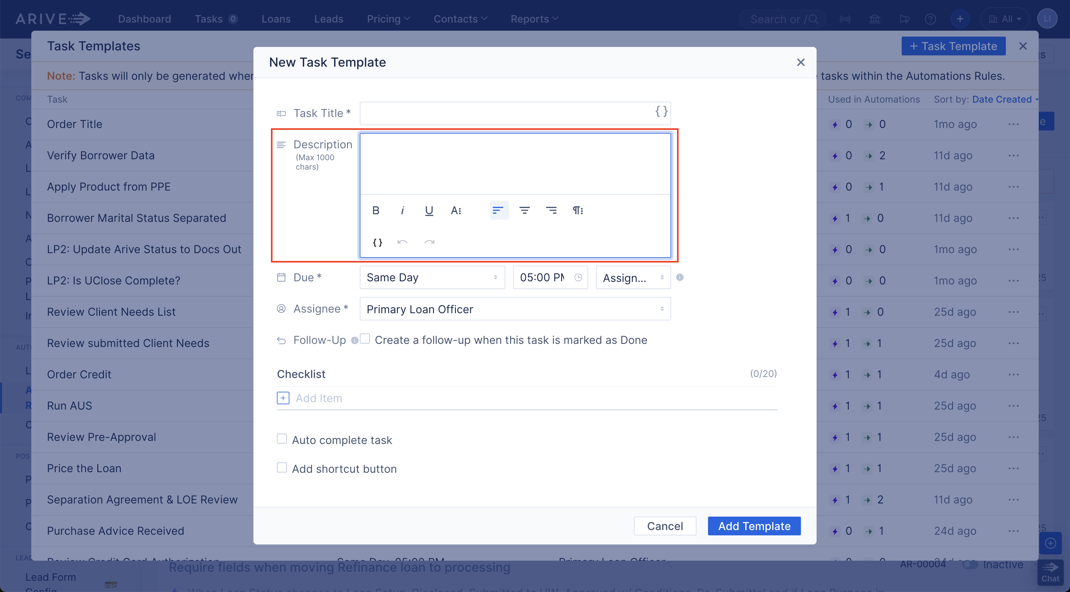 Description field in New Task Template form with rich text editor toolbar visible.