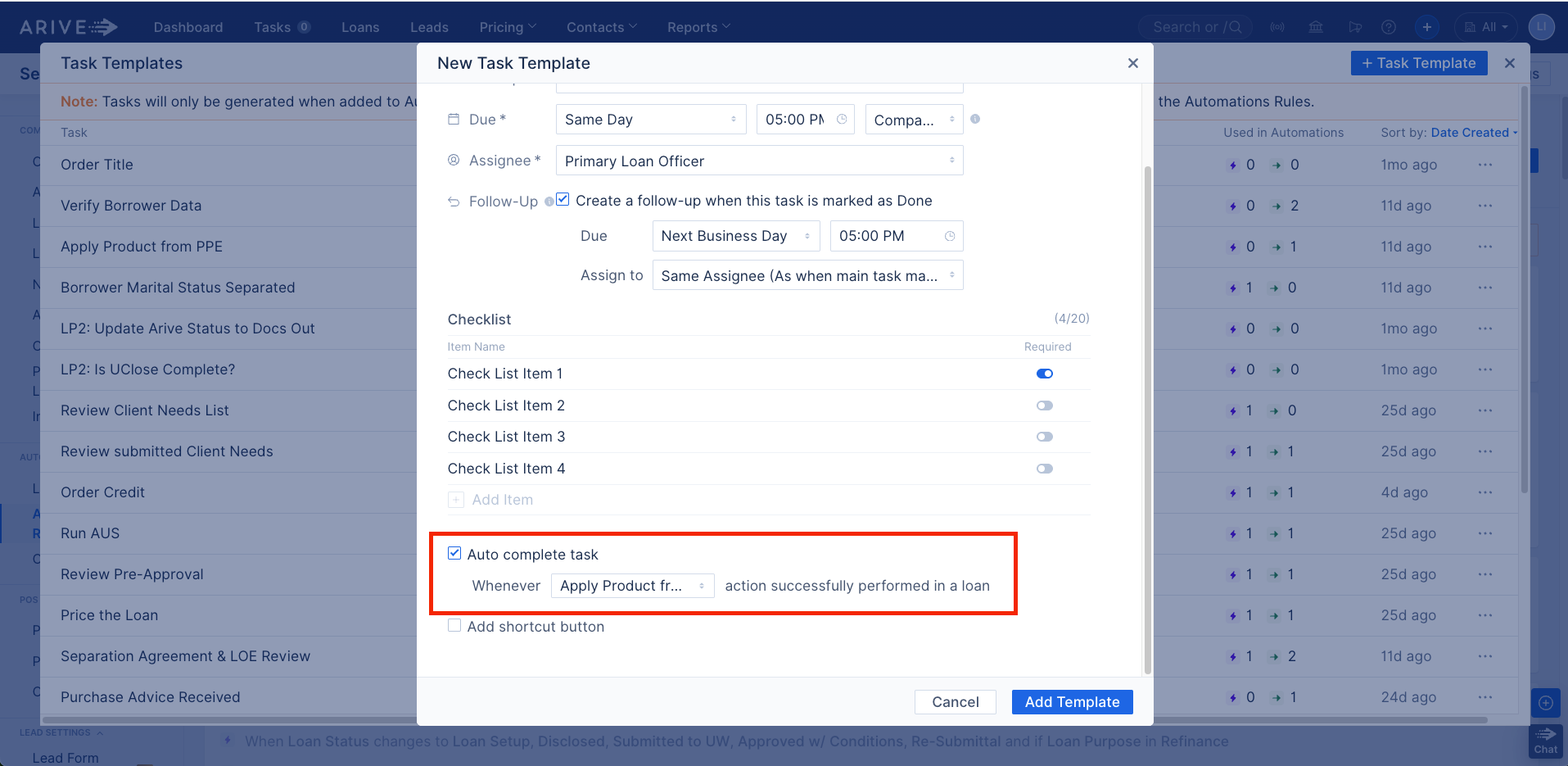 New Task Template screen with Auto Complete enabled, set to complete when selected trigger is performed in the loan.