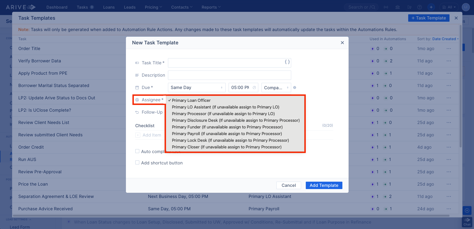 Assignee dropdown in New Task Template showing role-based options with fallback assignments.