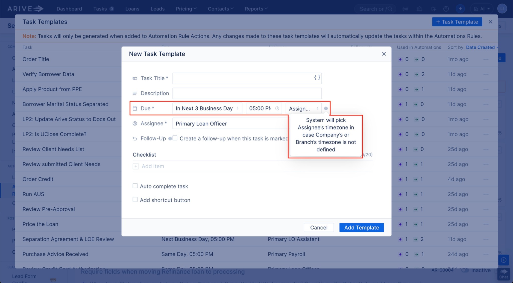 New Task Template form with Due Date, Time, and Assignee fields highlighted, including tooltip about timezone fallback behavior.