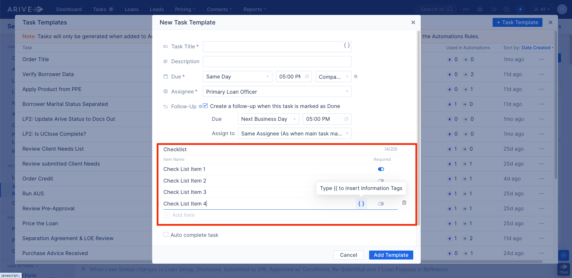 New Task Template showing Checklist section with 4 sample checklist items, a follow-up task setup, and the option to insert Information Tags.