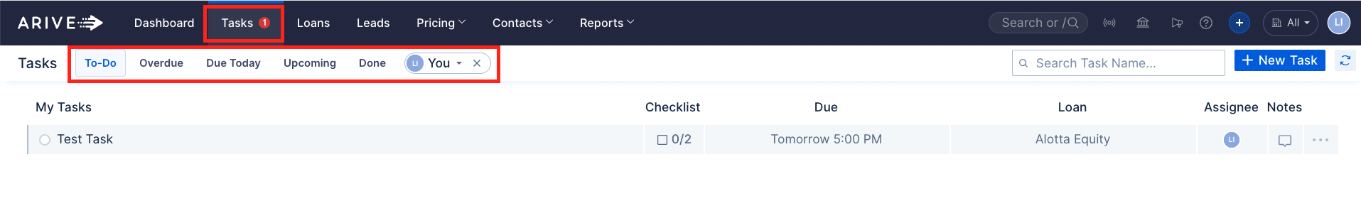 Task Pipeline tab showing task filters and a task list with checklist status, due time, loan name, and assignee.
