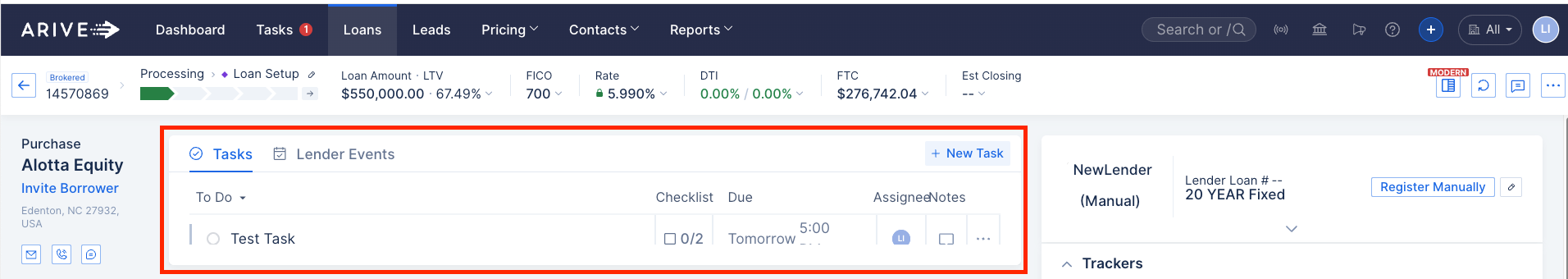 Loan Center view with embedded task display