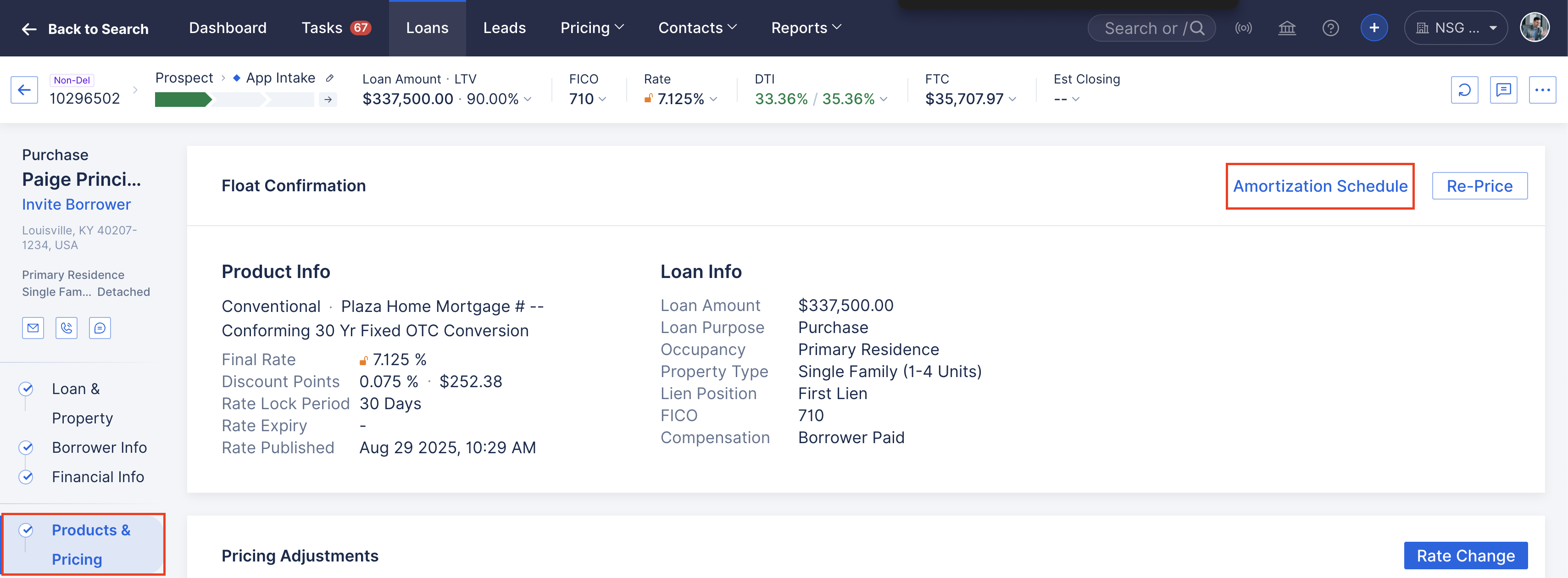 Product & Pricing tab showing Amortization Schedule link.