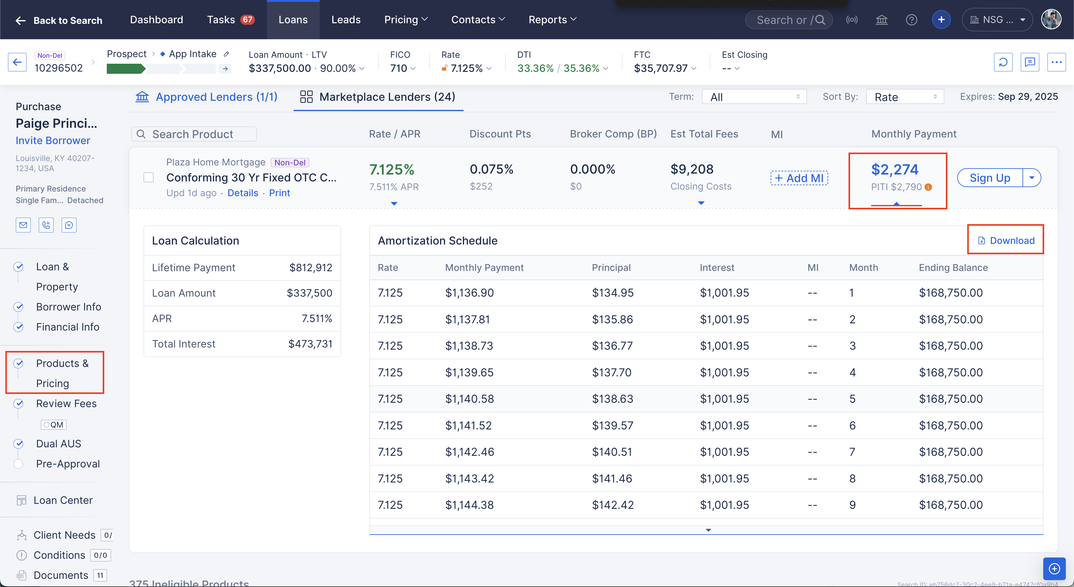 Product & Pricing tab showing Monthly P+I amount with Download option.