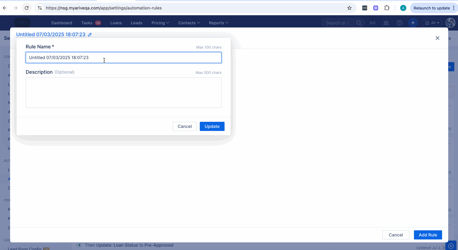 Animated screen recording showing a user editing the name and description of an automation rule in the ARIVE platform under Company Settings > Automation Rules. The user updates the default rule name and creates a task template as part of the automation rule setup.