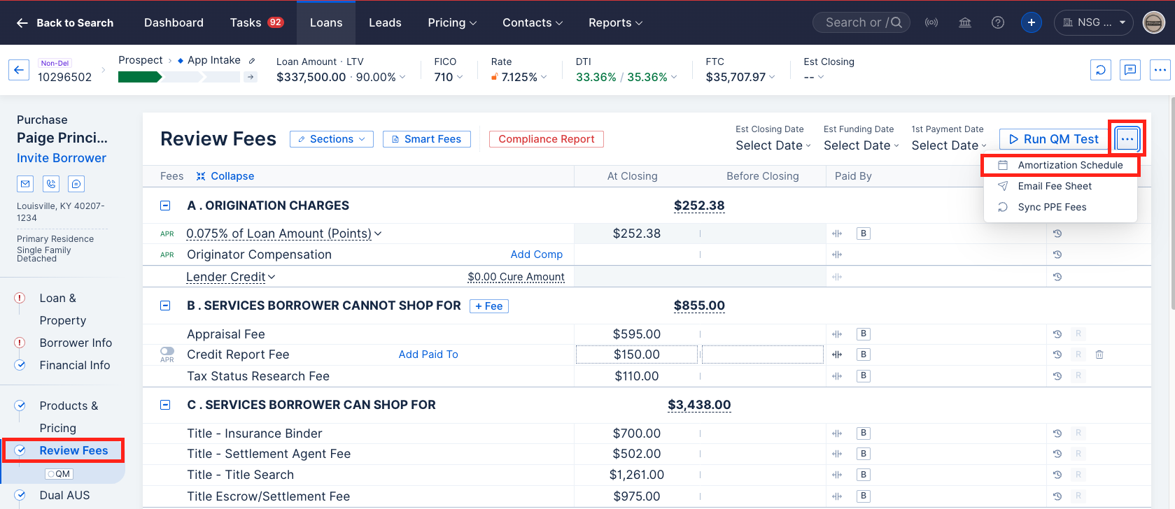 Review Fees tab showing the More menu with the Amortization Schedule option highlighted.