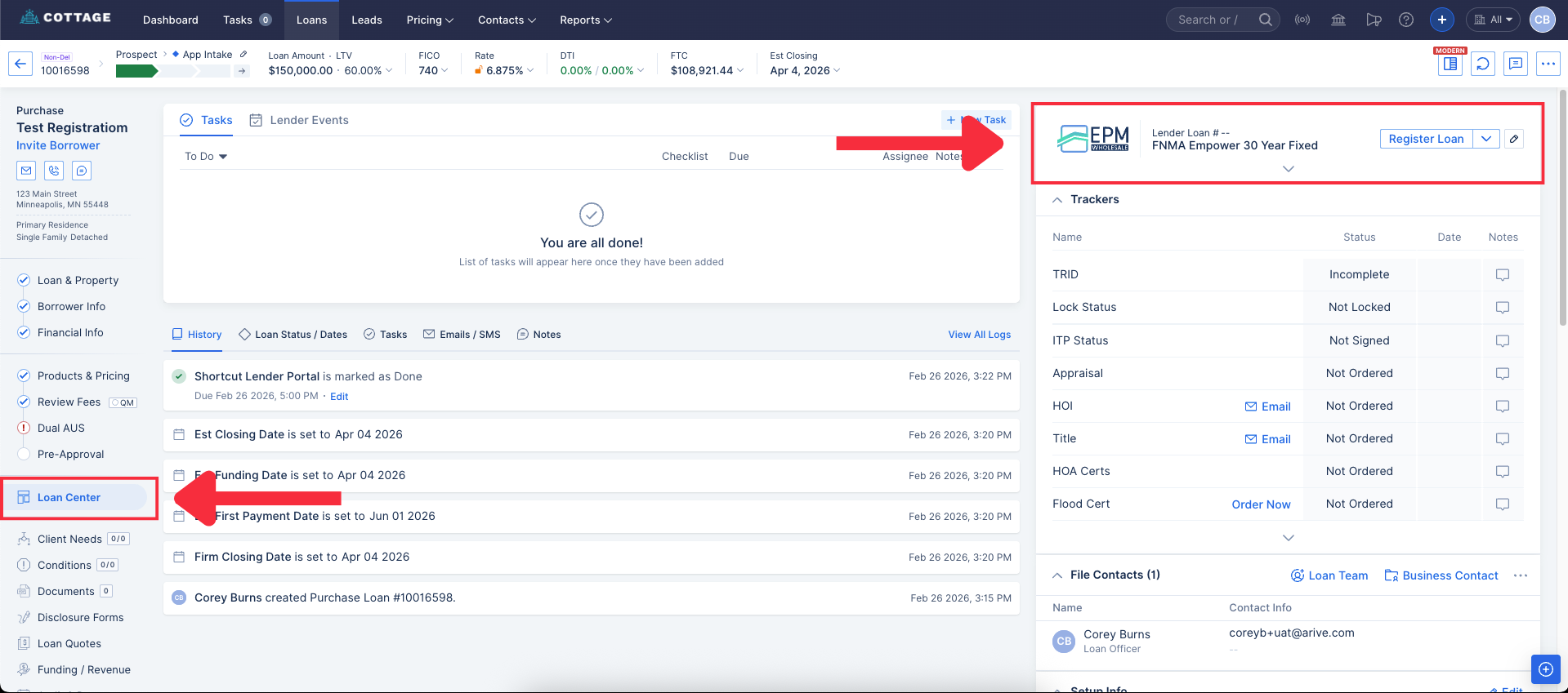 The Arive LOS Loan Center interface showing the top right corner where the selected lender name, product name, and the Register loan button are located.