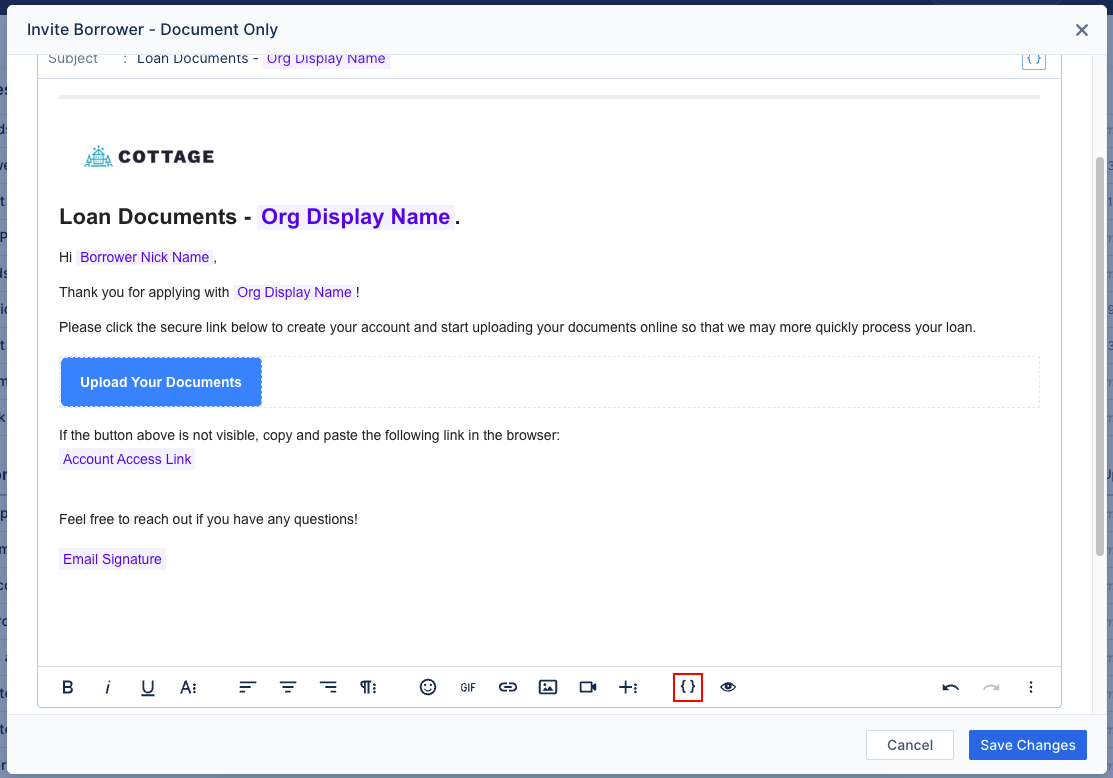 Screenshot of the email editor highlighting the Information Tags button.