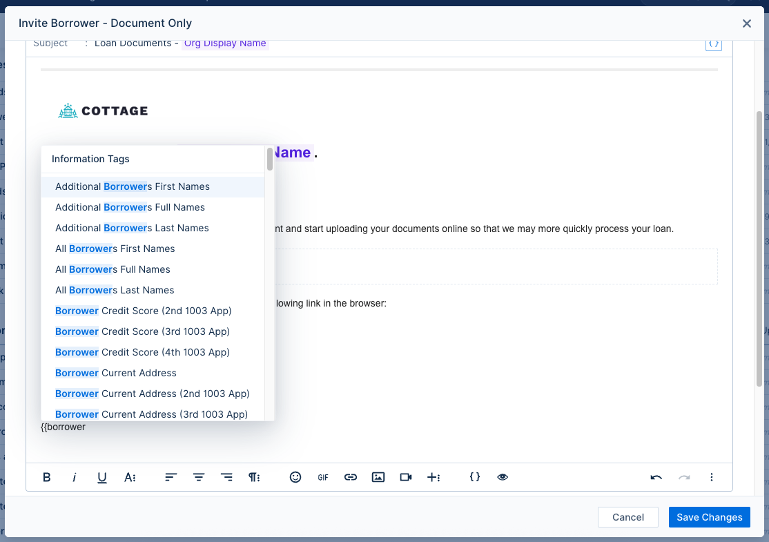 Screenshot of the autocomplete feature for information tags.