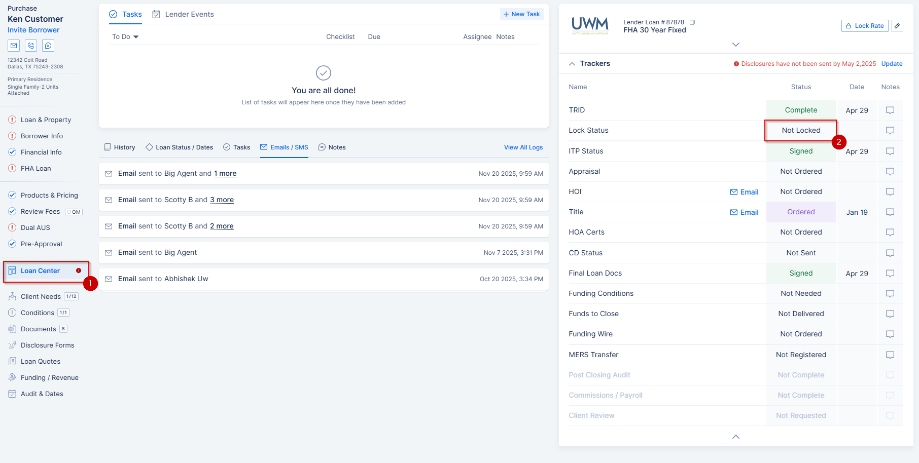 Screenshot showing the Lock Status tracker in the Loan Center