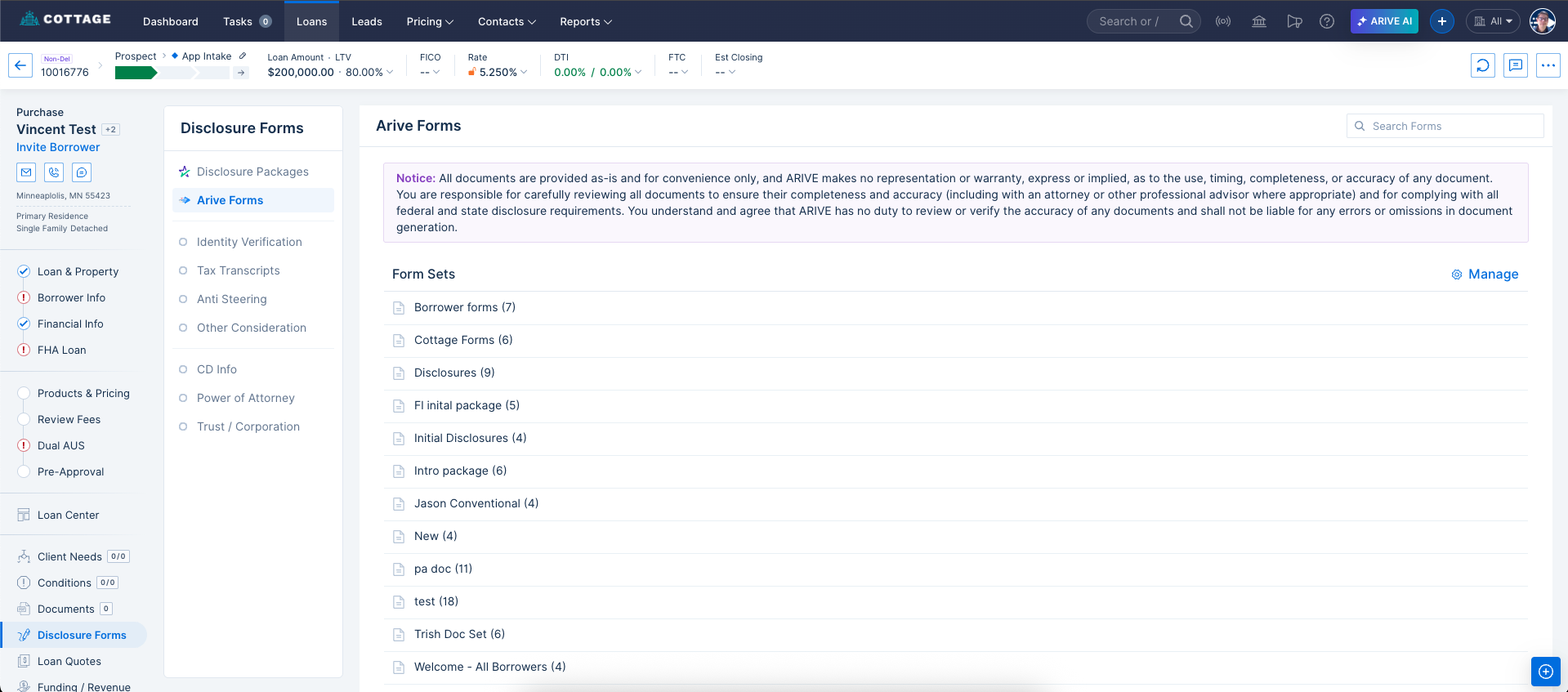 ARIVE user interface showing the Disclosure Forms tab with ARIVE Forms selected.