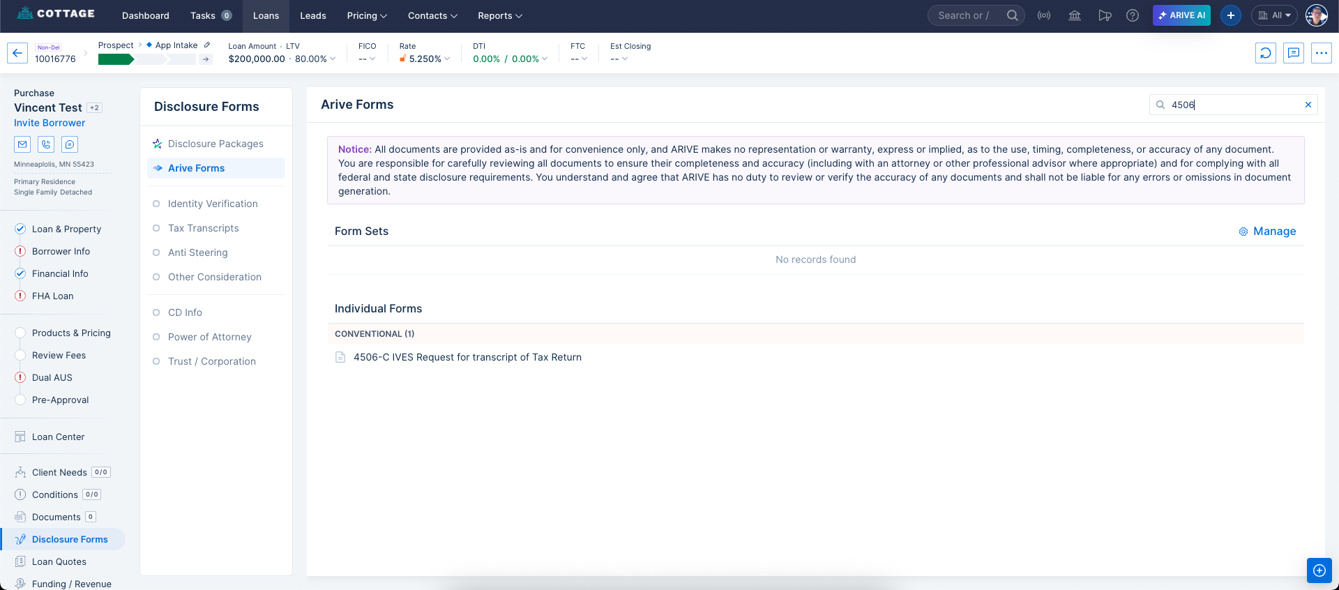 Searching for the 4506 form in ARIVE Forms.