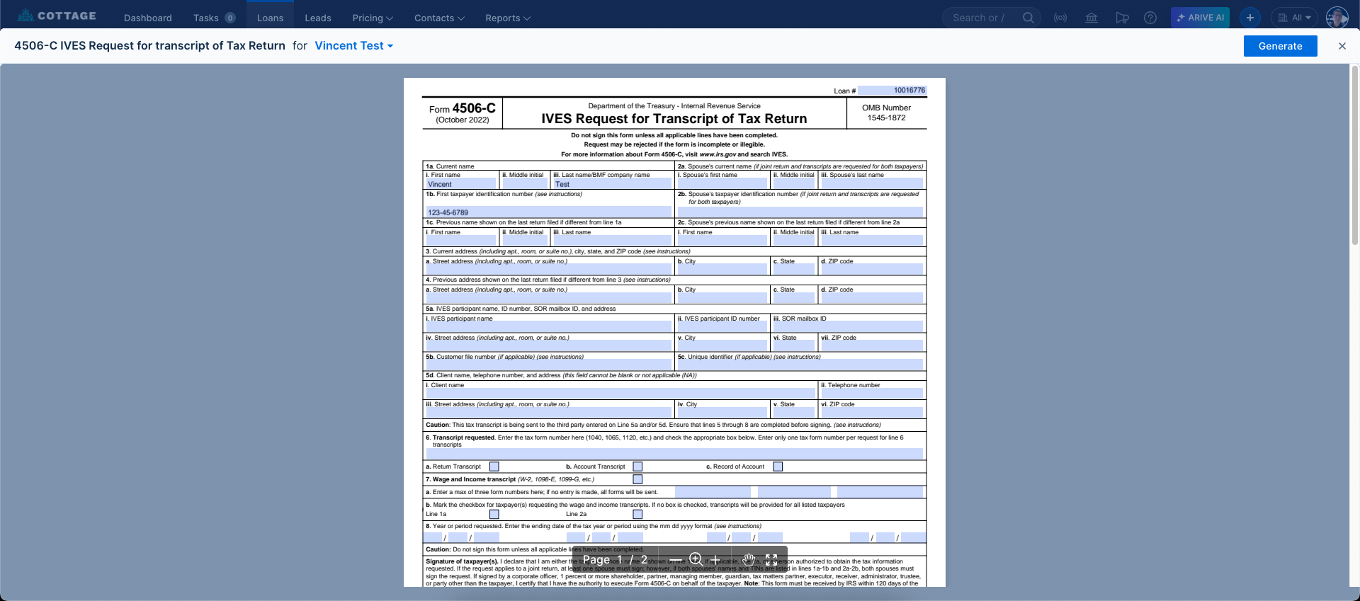Form 4506-C preview screen with editable blue fields and a Generate button in the top right.