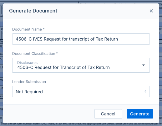 The Generate Document modal, where users can confirm the document name and classification.