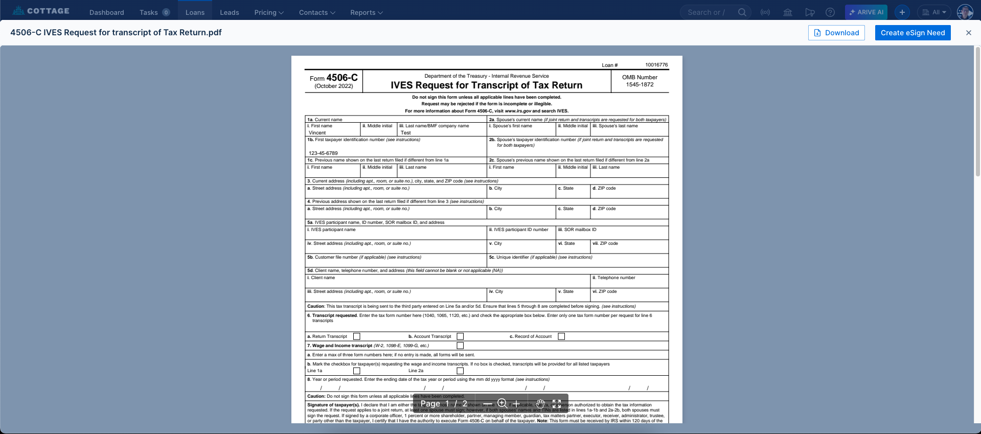 The final generated document view with Download and Create eSign Need buttons.
