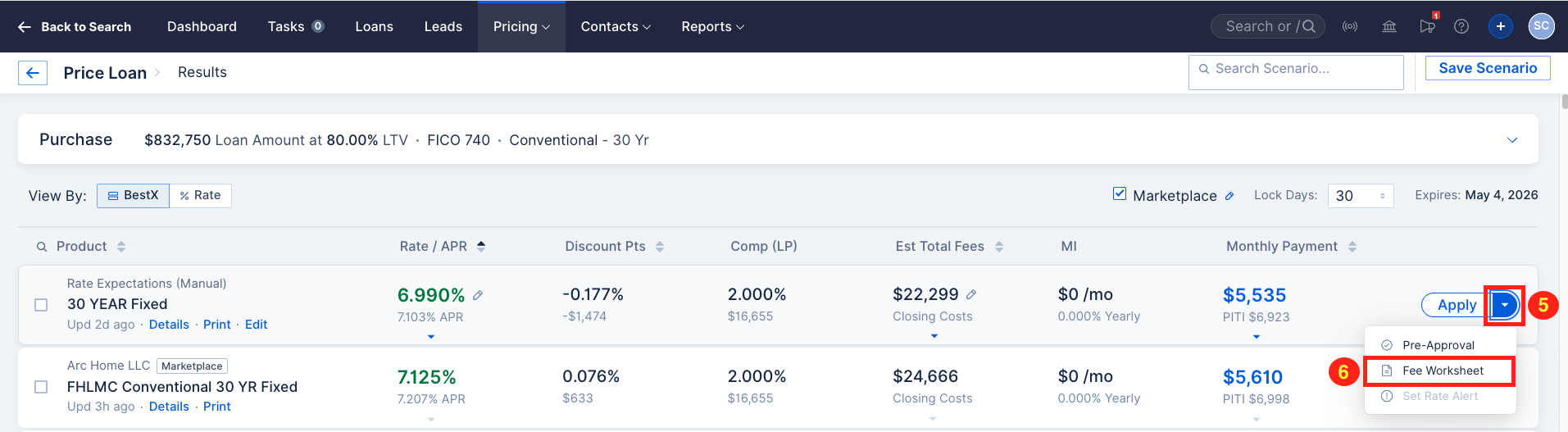 Screenshot of product results highlighting the Fee Worksheet option in the Apply dropdown menu