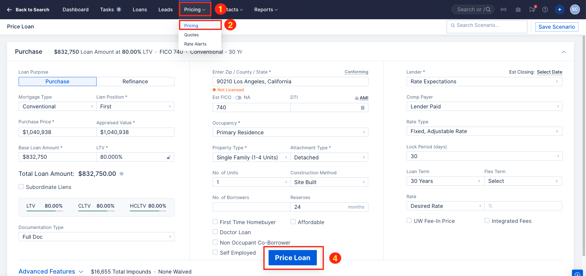 Screenshot of the Global Pricing entry screen highlighting the Price Loan button