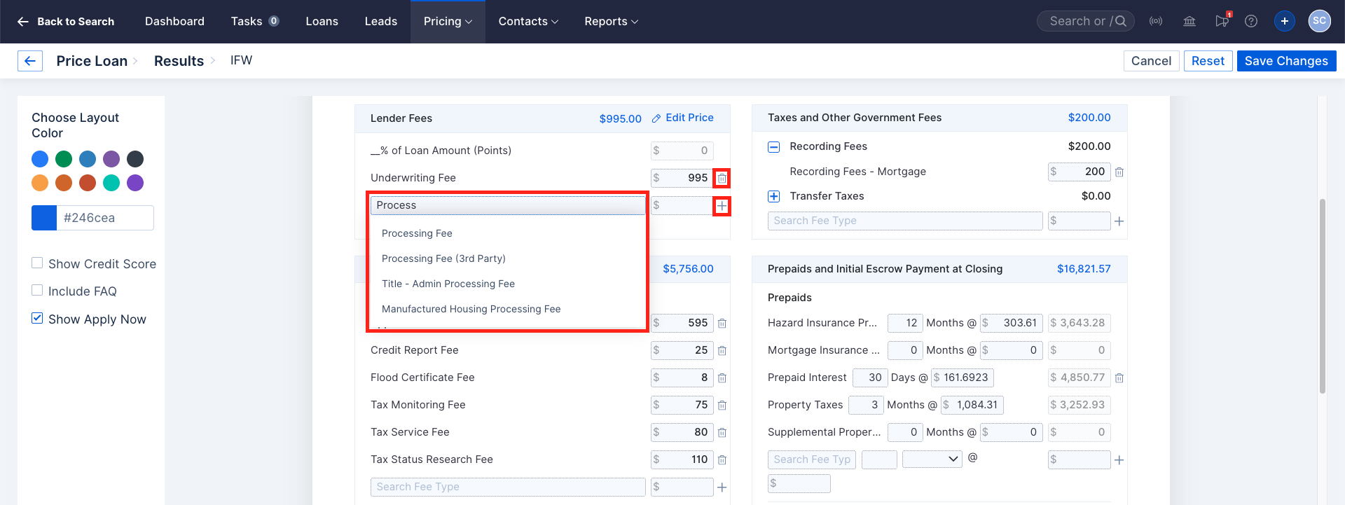 Screenshot of the Fee Worksheet editor with edit and trash icons highlighted
