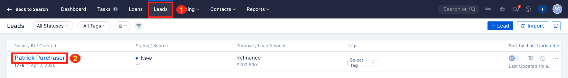 Screenshot of the Lead pipeline dashboard showing borrower names