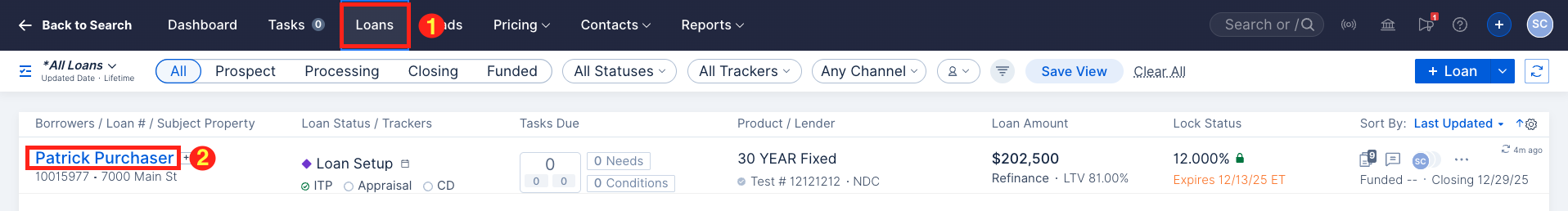 Screenshot of the Loan pipeline dashboard showing active loan files