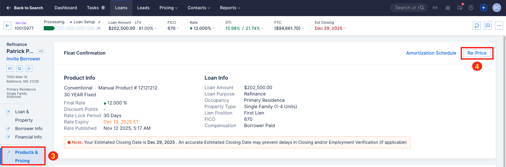 Screenshot of the Product and Pricing screen highlighting the Re-Price option