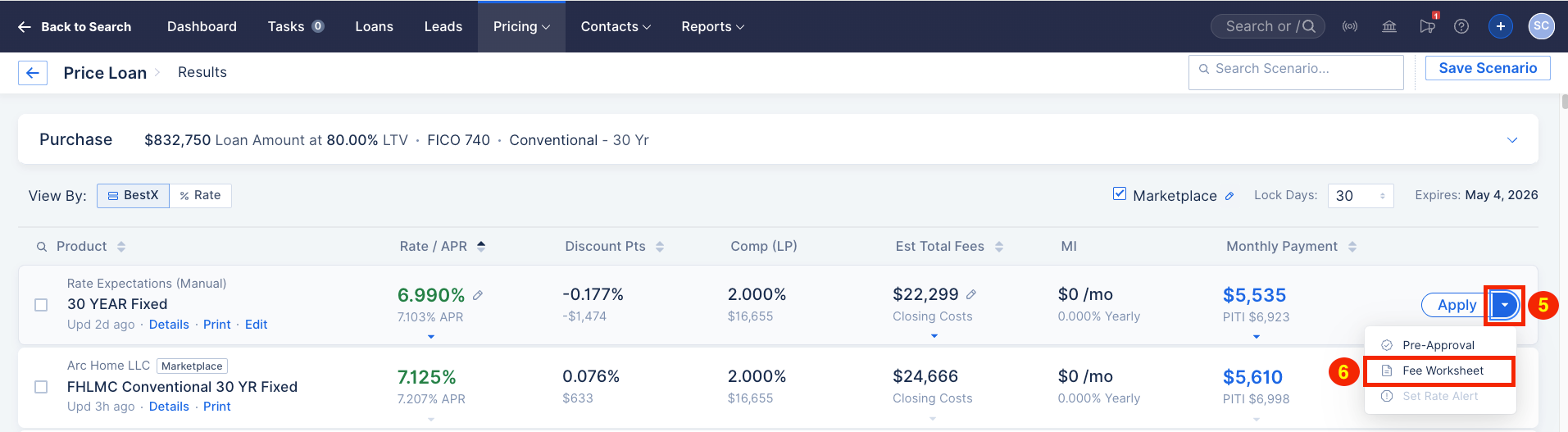 Screenshot of the Apply dropdown menu within a loan file highlighting Fee Worksheet