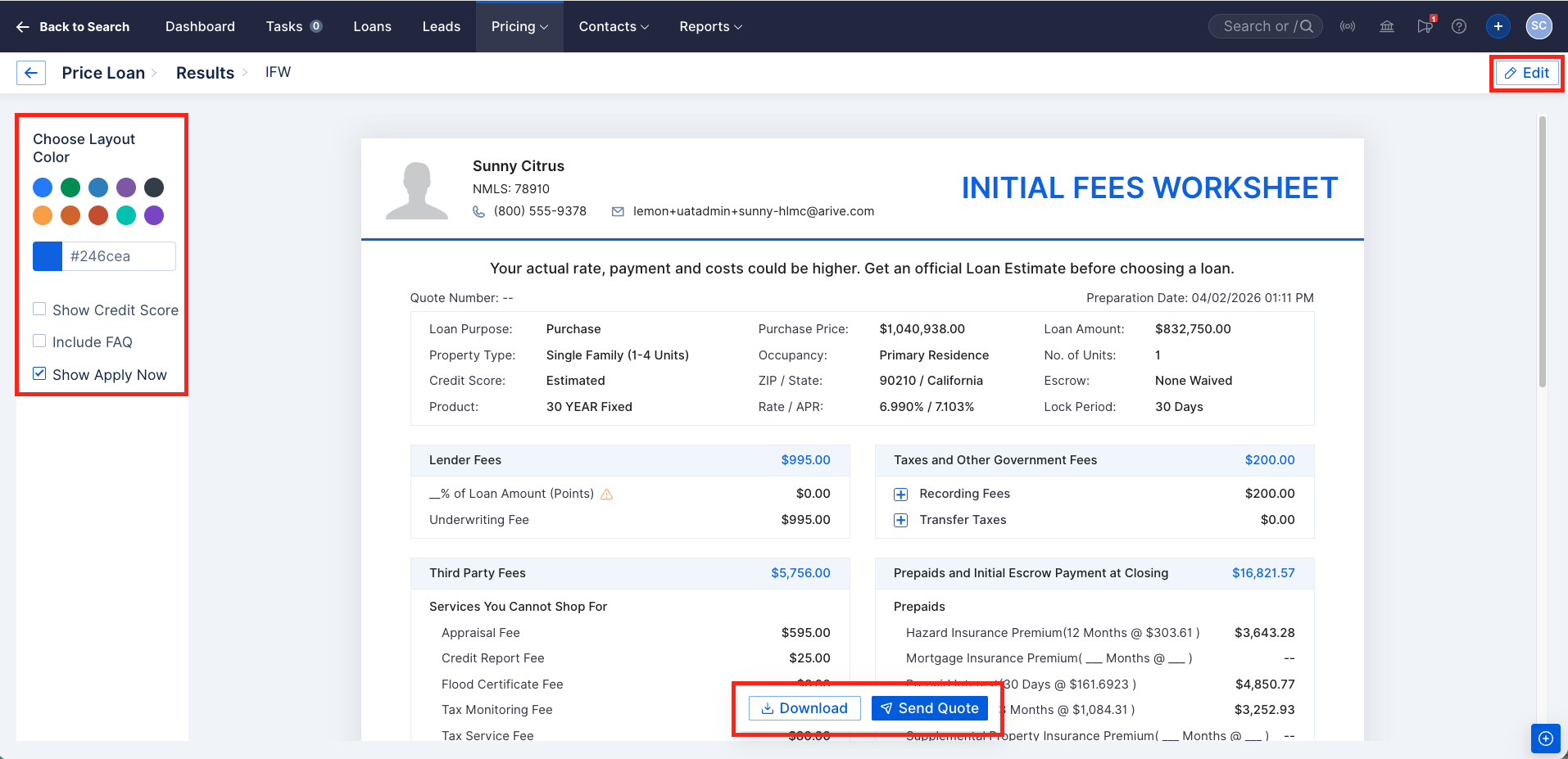Screenshot of the Fee Worksheet footer showing Download and Send buttons