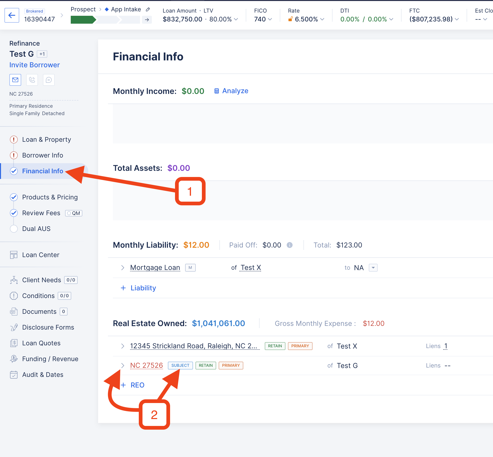 The Real Estate Owned section is shown with an arrow pointing to the menu for the subject property.