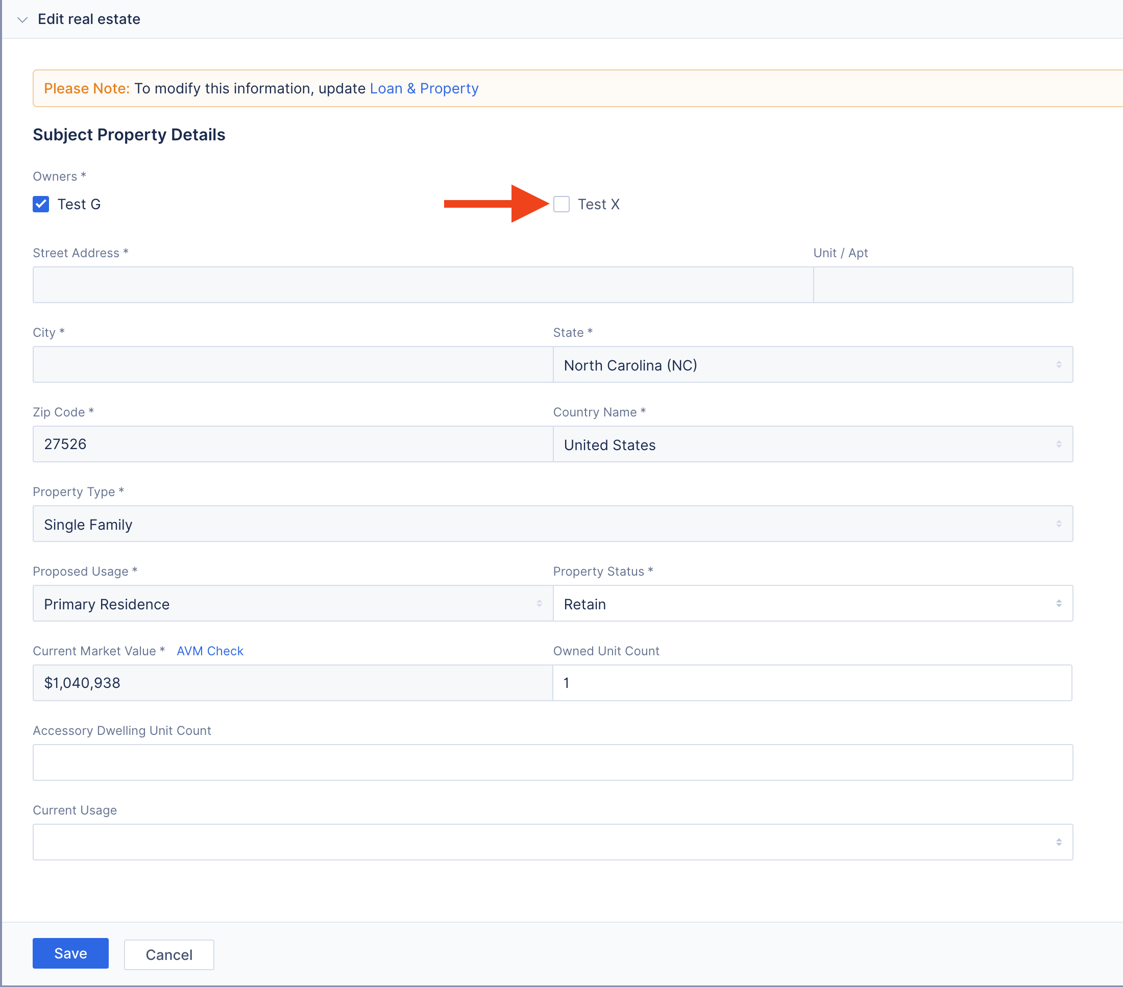 The co-borrower's checkbox is selected, making them a temporary owner of the property.