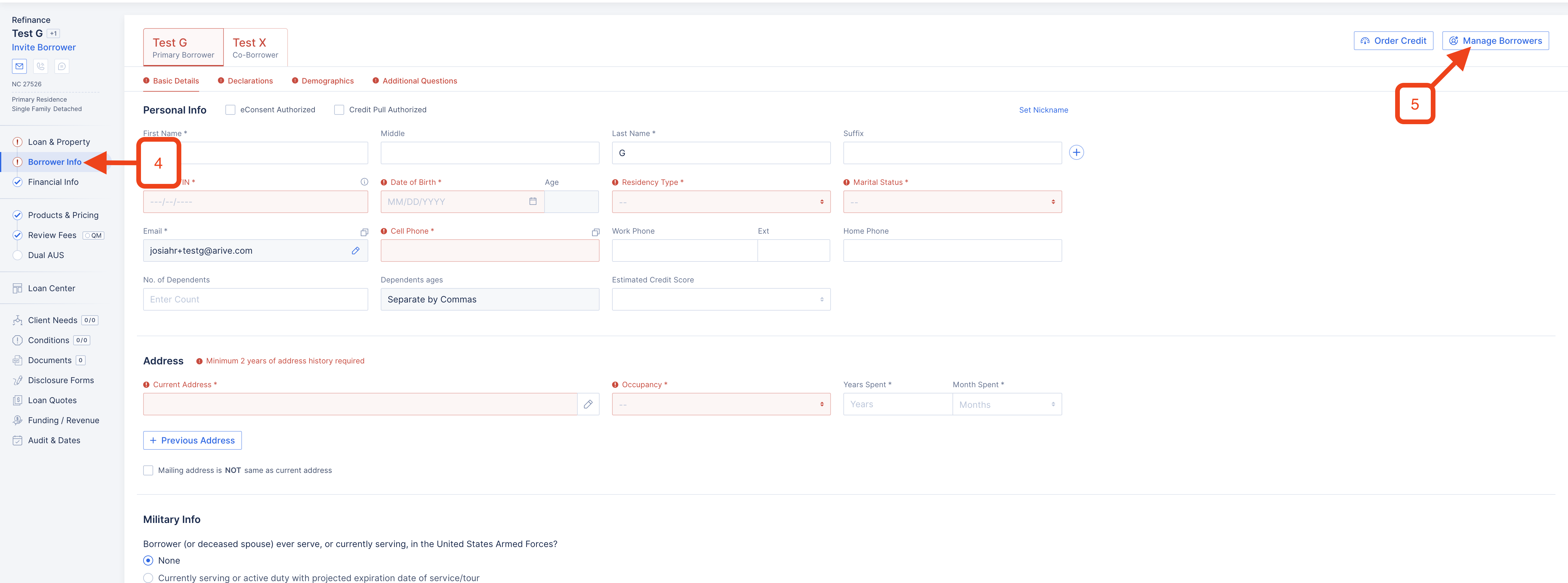 The 'Manage Borrowers' button is highlighted on the Borrower Info tab.