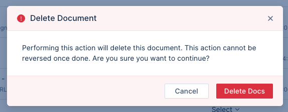 A screenshot of the document deletion warning modal in Arive LOS.
